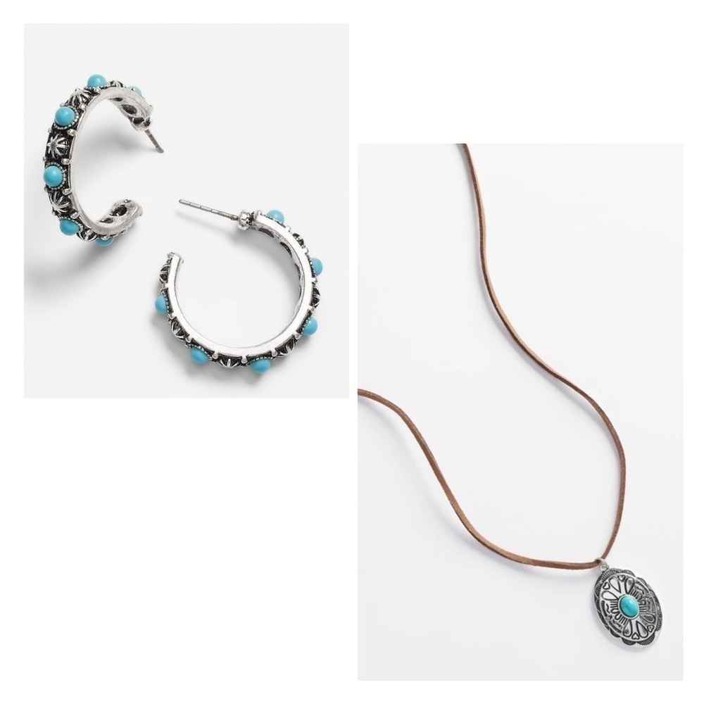 Turquoise And Faux Suede Pull Tie Necklace w/ Matching Turquoise Hoop Earrings